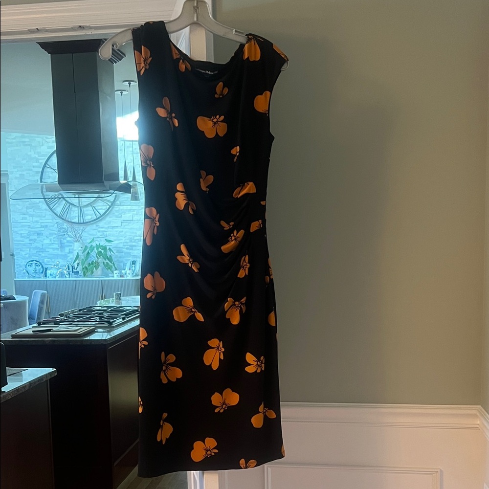 Catherine Malandrino Black Midi Dress with Orange Floral Motif